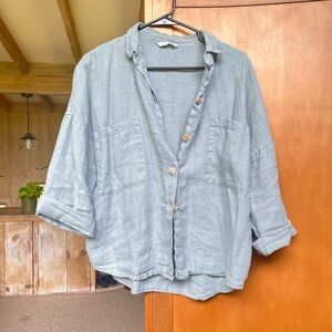 Linenfox Robin’s Egg Blue Lightweight Linen-Blend Shirt Jacket, very oversized.